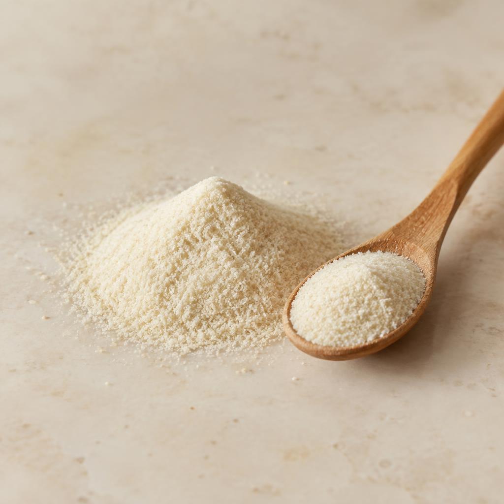 Fine cream-coloured dehydrated onion powder with a wooden spoon